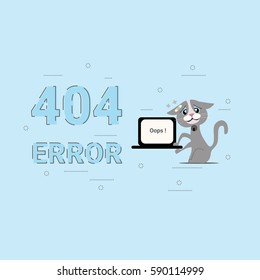 404 Error lettering flat line design with cat and notebook cartoon for book header, presentation, illustration, printing, website banner and landing page.