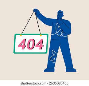 404 error. Man holding hanging panel with 404 error. Colorful vector illustration