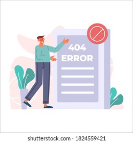 404 error, man receiving 404 error notification, male person showing 404 message and forbidden sign web search vector illustration for website