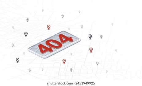 404 error with maps navigation with red color point markers. Navigation system broke. Vector illustration on white background