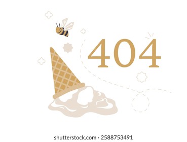 404 Error With Melted Ice Cream Cone In Flat Vector Illustration Symbolizing Website Error, Page Not Found, And Online Technical Issue, Isolated On White Background