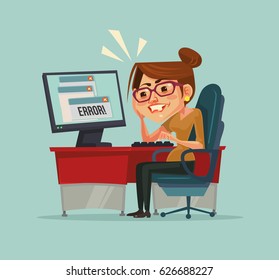 404 error message on computer. Frustrated office worker woman character. Vector flat cartoon illustration