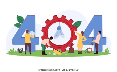 404 error message of system, page not found, disconnect and internet failure. Tiny people of maintenance and tech support service cleaning up broken light bulb fragments cartoon vector illustration