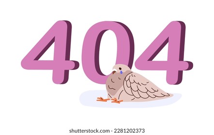 404 error message, web page design for not found website. Connection failure problem, site information. Access failed, cute funny bird. Flat graphic vector illustration isolated on white background