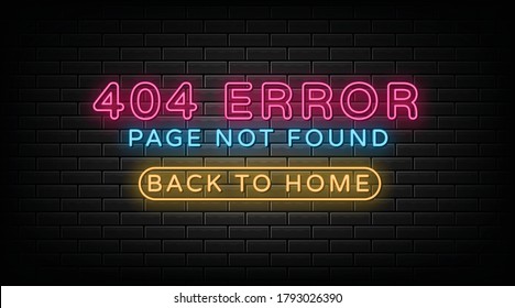 404 Elemento de diseño de neón de error, cartel de luz, rótulo de neón de anuncio