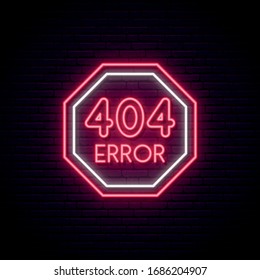 404 Error neon sign. Bright red warning sign on dark brick wall background. Error page not found concept neon signboard. Vector illustration.