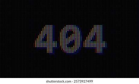 404 Error Not Found Glitched. Led Panel or Monitor Macro Cyberpunk Style Banner. LED Neon Tech Glitch Background. Design Element for Tech Cyber Security Event. Vector Illustration.
