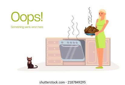 404 error not found web page. layout 404 for corporate website with burnt food isolated on white background. Flat Art Vector Illustration