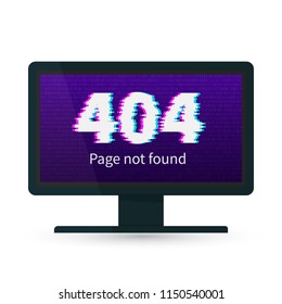 404 error on desktop monitor screen with glitch effect. Page not found. Binary code wallpaper. Distorted writing. Vector illustration. Easy to edit template for your design projects.