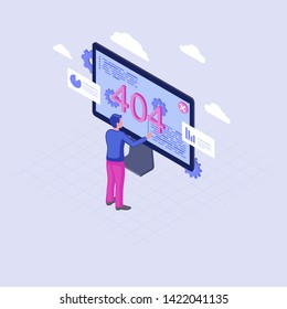 404 error on laptop display isometric illustration. Male developer trying to fix page not found problem. Cartoon technician repairing lost connection. Website user looking at server failure message