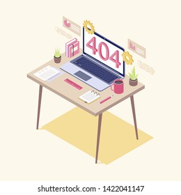 404 error on laptop display isometric illustration. IT specialist, analyst workplace. Preparing network failure statistics. Server not found, broken link, web search malfunction notification