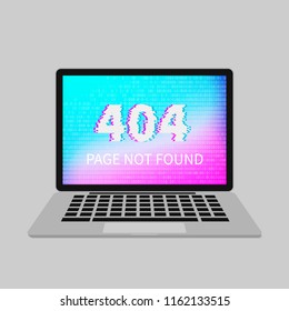 404 error on laptop screen with glitch effect. Page not found. Binary code wallpaper. Distorted writing. Bright vector illustration. Easy to edit template for your design projects.