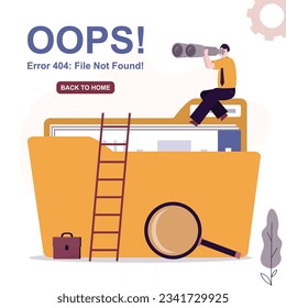 404 Error, oops file not found - web page template. User or clerk uses spyglass for search files in data folder. File manager, documents in database. Errors and problems in network. flat vector