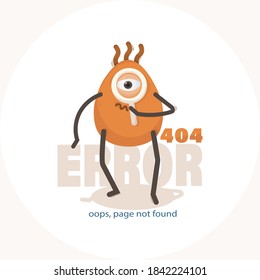 404 error. oops, page not found. Vector illustration of cute cartoon one-eyed character with magnifying glass. Website banner. Isolated on a white background.