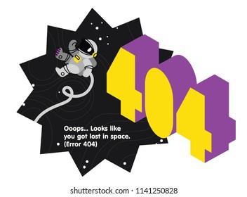 404 error page alert. Web page background with astronaut lost in space 