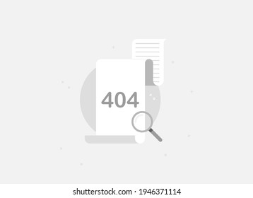 404 error page banner template. Page not found. Document with magnifier. Vector illustration in flat design. Gray. Eps 10