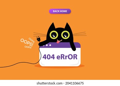 404 error page with black cat illustrations. not found system updates, uploading, operation, computing, installation programs.