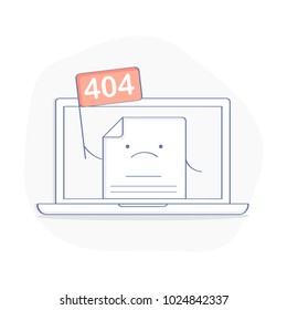 404 Error Page Concept Or File Not Found Icon. Cute Cartoon Web Page With Flag 404 On Laptop Display. Modern Flat Outline Icon, Isolated Vector Illustration.