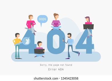 404 Error Page Concept. File not Found for Webpage. Website Maintenance Error Banner with People who Using Laptops and Smartphones. Web Site Under Construction. Vector Illustration.