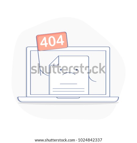 404 Error Page concept or File not found icon. Cute cartoon web page with flag 404 on laptop display. Modern flat outline icon, isolated vector illustration.