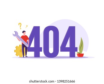 404 error page concept. Funny flat cartoon worker with spanner repairs website.