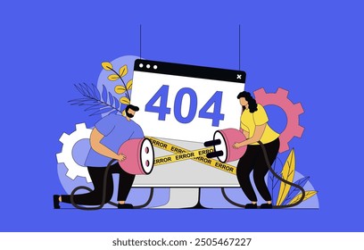 Concepto de página de error 404 con diseño plano moderno para Web. Asistencia técnica que soluciona el problema con la conexión, mejora para corregir el bloqueo de la señal de Internet, desconexión del servidor. Ilustración vectorial.