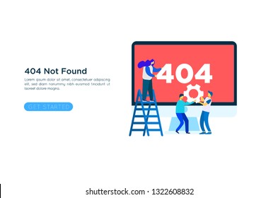 404 error page design concept. Laptop screen with error. Small people repair the site with a problem. Trendy flat style. Vector illustration