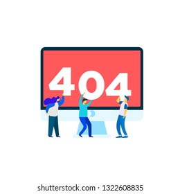 404 error page design concept. Laptop screen with error. Small people repair the site with a problem. Trendy flat style. Vector illustration