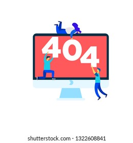 404 error page design concept. Laptop screen with error. Small people repair the site with a problem. Trendy flat style. Vector illustration