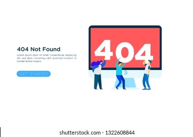 404 error page design concept. Laptop screen with error. Small people repair the site with a problem. Trendy flat style. Vector illustration
