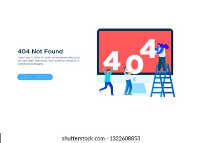 404 error page design concept. Laptop screen with error. Small people repair the site with a problem. Trendy flat style. Vector illustration