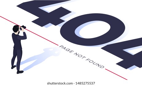 404 error page design concept. Isometric businessman looking with binoculars for 404 page. Trendy clean design. Vector illustration.