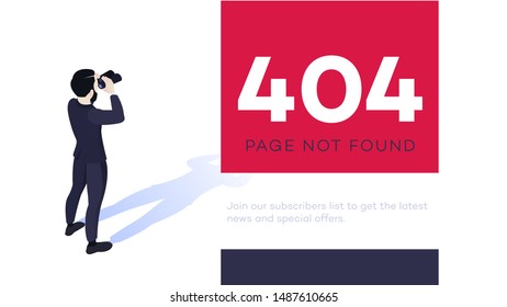 404 error page design concept. Isometric businessman looking with binoculars for 404 page. Trendy clean design. Vector illustration.