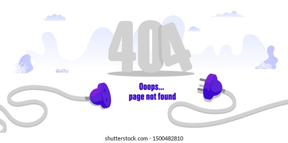 404 error page design concept. Laptop screen with error. Electric plug and socket unplugged.