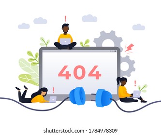 404 error page design concept. Empty screen with error, connection fail. Small african people repair the site with a problem. Trendy flat vector style.