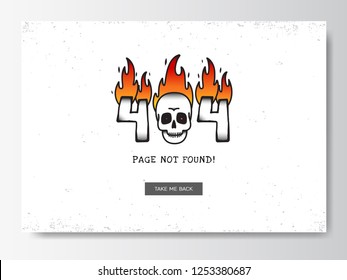 404 error page design concept.Burning inscription 404 with skull instead of zero.Web template design.Vector illustration.