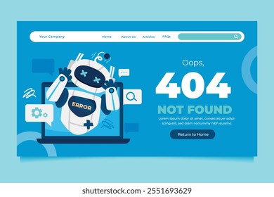 A 404 error page design featuring a cute robot with an err