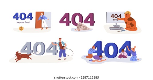 404 error page designs set. Web site problem, failure, website access denied concept. Unavailable webpage, inaccessible network mistake. Flat graphic vector illustration isolated on white background