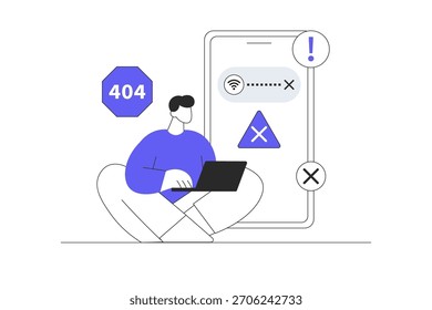 Página De Erro 404. Desconectado. Não encontrado, Manutenção de site, página quebrada em construção. Ilustração de vetor de desenhos animados plana, ícone Design abstrato estiloso landing page web