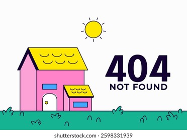404 error page featuring a cute pink house with a yellow roof in a green landscape UIUX projects, and tech-related content  colorful and playful digital illustration