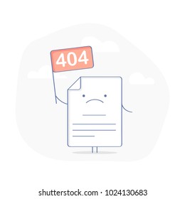 404 Error Page or File not found icon. Cute upset Page with flag 404 symbol. Oops or Connection Problem, Page does not exist concept. Flat modern outline icon concept, isolated vector illustration. 