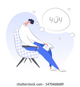 404 Error Page or File not found icon, page loading screen, not working error page or search time put. Page with tired sleeping guy and 404 symbol. Flat modern isolated ui vector illustration on white