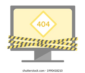 404 error page or file not found screening. 404 sign with yellow black tape cover computer.
