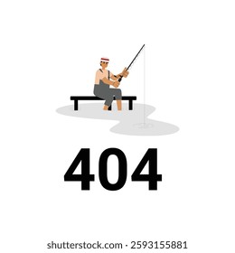 404 Error Page with Fisherman Icon, 404 Error Fishing, 404 Error Sign vector design Illustration.