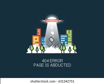 404 error page flat line concept. Template for dark theme site. Link to a non-existent page. UFO with rays abducting pages in the city from city park. 404 page not found design template.