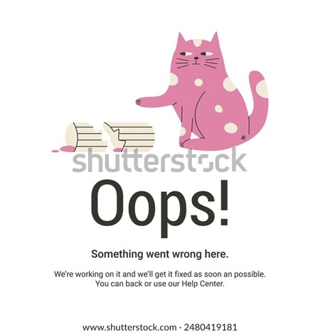 404 error page with funny cat broke the vase. Flat vector illustration.