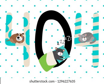 404 error page. Funny missing page mistake vector illustration, computer not found home screen warning with sleeping cats and dog, web site lost