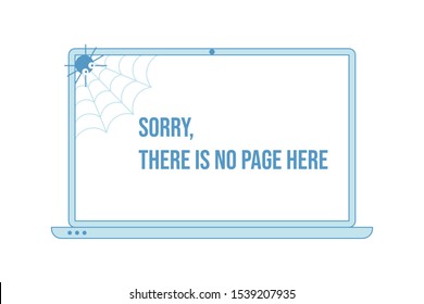 404 error page with funny spider inside laptop display. Spider says - sorry, page not found. Page not found illustration. Connection loss, internet unavailable concept. Flat vector illustration