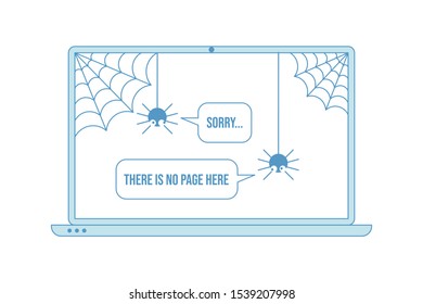 404 error page with funny spiders inside laptop display. Spiders says - sorry, page not found. Page not found illustration. Connection loss, internet unavailable concept. Flat vector illustration