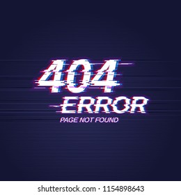 404 error page in glitch style. Page not found concept. Error vector background with vhs distortion effect. 